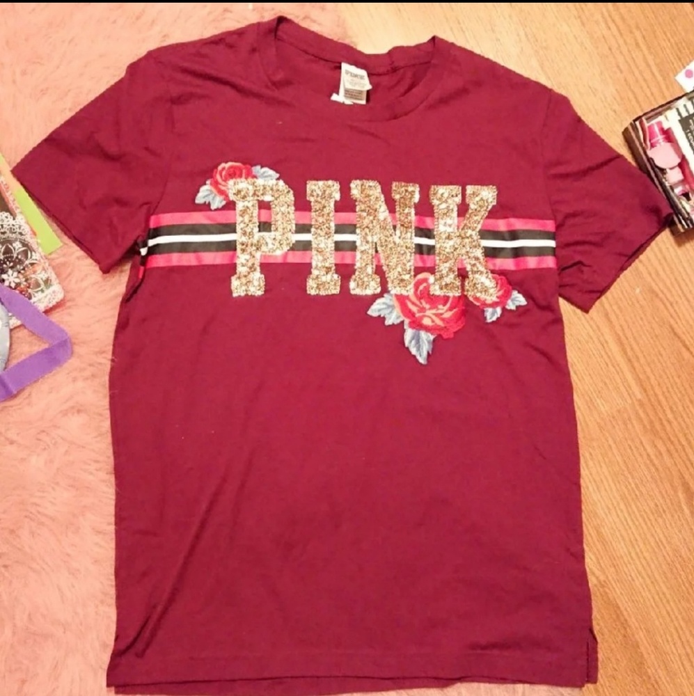 Pink rose embroidered bling tee (M) NWT